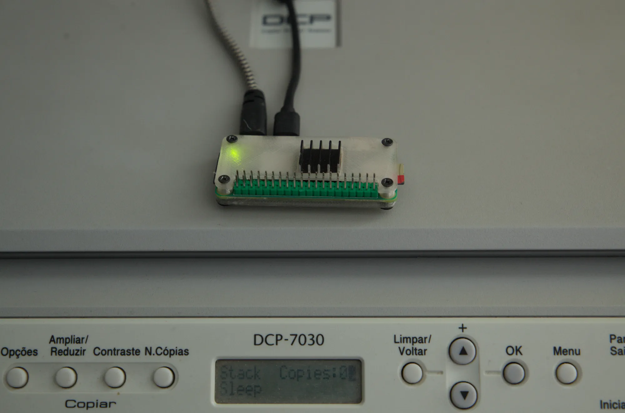 The Raspberry Pi connected to the printer